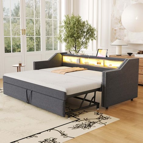 Lit banquette convertible 90/180x190 cm avec sommier à lattes inclus, lit gigogne extensible, rangement, LED et USB, tissu gris foncé, sans matelas (1/5)