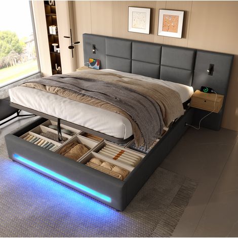 Cama doble tapizada con almacenaje LED y USB OKMYHOME (1/5)