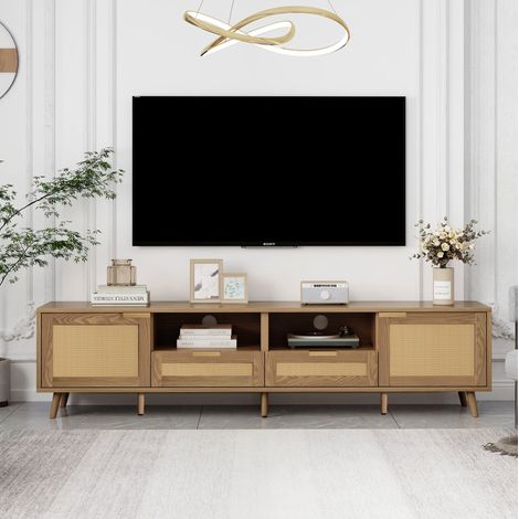 Meuble TV en rotin tressé 200 cm – 2 tiroirs et 2 portes – Pieds en bois massif – Espace de rangement optimisé – Style moderne (1/5)