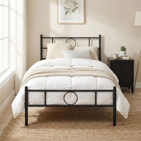 FurnitureR Metal Bed Frame, Simple and Solid Frame with Modern Decorative Circle Design, Perfect for Bedroom, Studio or Apartment, Single Size, Suitable for 90x190CM Mattress, Black
