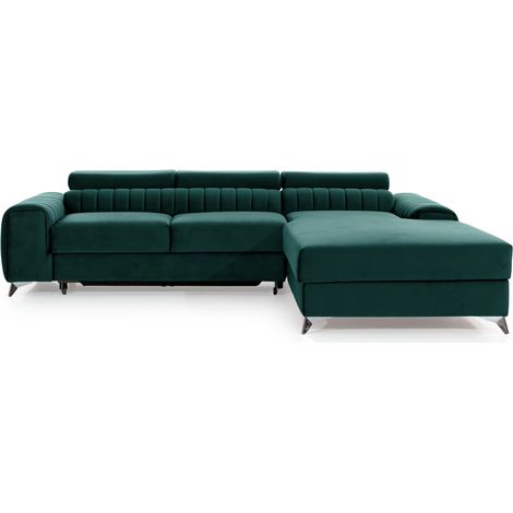 Canapé d’angle convertible GRENKY en velours avec coffre et têtières réglables – 278cm angle droit-Vert forêt-angle droit (1/5)