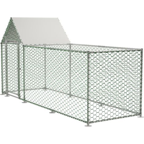 Poulailler enclos métallique 302.6x107.2x151.5 cm verrou sécurité toile PE imperméable pour poules lapins et petits animaux extérieur, argent (1/5)
