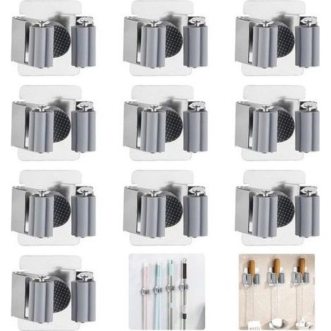 Lot de 10 supports pour balai et serpillère muraux en acier inoxydable, fixation murale sans perçage, support d'outils (1/5)