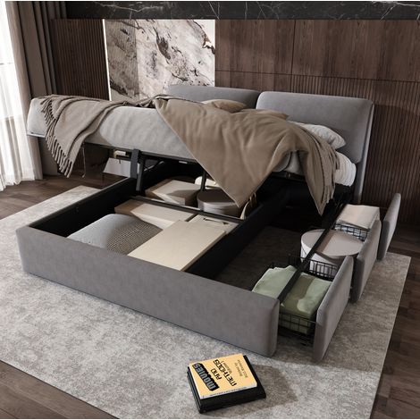 Bett Polsterbett Stauraum 180x200 Samt Grau OKMYHOME (1/5)
