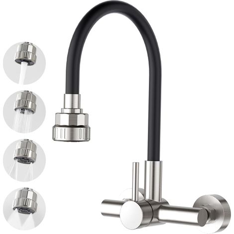 Mural Robinet de Cuisine 360° Flexible avec Pulvérisateur Quatre Fonction, Levier Mitigeur Robinet D'évier de Cuisine avec Tuyau en Silicone Noir, Acier Inoxydable brossé (1/5)