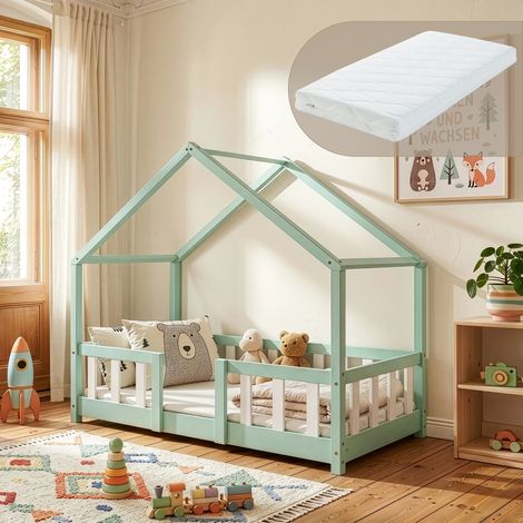Letto per Cameretta Treviolo a Forma di Casetta in Stile Montessori con Materasso 70x140 cm - Menta Verde/Bianco [en.casa] (1/5)