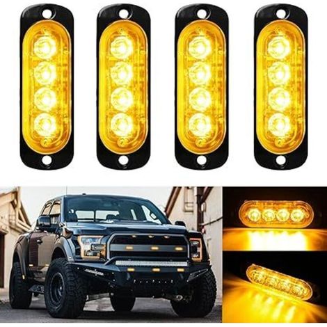 12V 24V Feux Stroboscopique Feux latéraux, 4PCS 4 LEDs Lampe Flash Warining Beacon Lights Barre Lumière d'urgence pour Voiture Camion Remorque Tracteur Backhoe élévateur ATV UTV Pickup