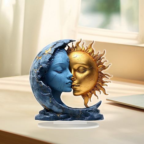 Statue Murale - Visage Lune Bleue Soleil Doré - Décoration Intérieure pour Bureau Table à Manger Chambre - 1 Pièce (1/5)