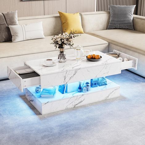 LED Couchtisch - 100x50x45 cm - 2 Schubladen und offenes Fach Wohnzimmertisch - Holz moderner Hochglanz Marmoroptik Design - Weiß (1/5)