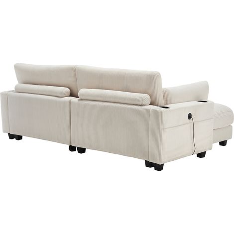Divano 2 posti in tessuto corduroy beige con 2 cuscini, 4 portabicchieri, tasche laterali e USB (1/5)