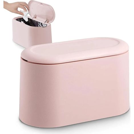 Corbeille de table à couvercle relevable, mini poubelle plastique pour bureau, petit seau à déchets pour salle de bain et étude, boîte de rangement pour croquettes (Rose) (1/5)