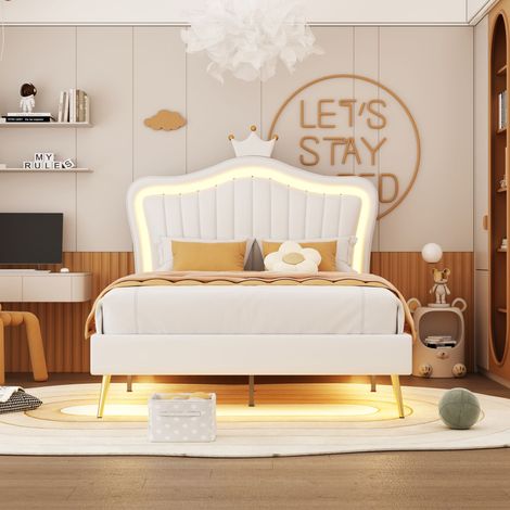 Kinderbett 90x200 cm Weiß mit Kronen-Kopfteil aus PU-Leder, mehrfarbiger LED, Lattenrost inklusive LINHOO (1/5)