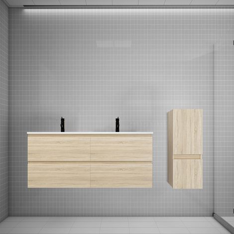 Aica Ensemble meuble double vasque L.120cm chêne 2 tiroirs + colonne + lavabo