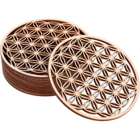 Dessous de verre en bois de bouleau, motif Fleur de Vie - Lot de 10, 10 x 10 cm. Panneau en bois sous verre. Décoration idéale pour votre maison ou votre bar. (1/5)