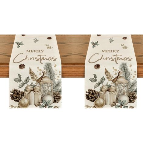 Camino de mesa navideño con bolas, decoración de mesa para el hogar y fiestas, decoración de mesa con piñas de pino de 33 x 183 cm (2 piezas) (1/4)