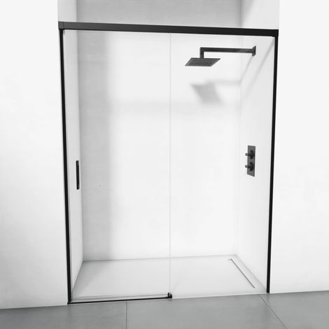 Paroi de douche réversible 1 coulissante + 1 fixe - Verre transparent 6 mm anticalcaire - Noir mat - Largeur 146-150 x 195 cm (1/5)