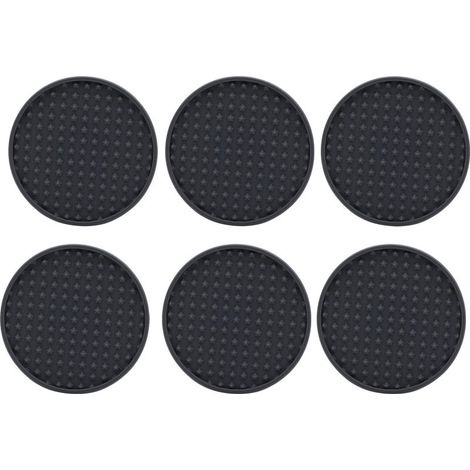Set mit 6 hitzebeständigen, rutschfesten und flexiblen Silikonuntersetzern, rund, mit Halterung für Haushalt und Küche (schwarz). (1/5)