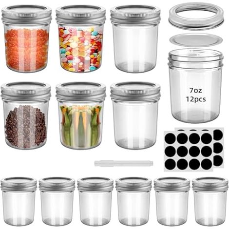 Mason Jar Lot de 12 bocaux en verre avec couvercles hermétiques pour yaourt, confiture, épices, avoine, conserve, décorations, gelée, dessert 200 ml (1/5)