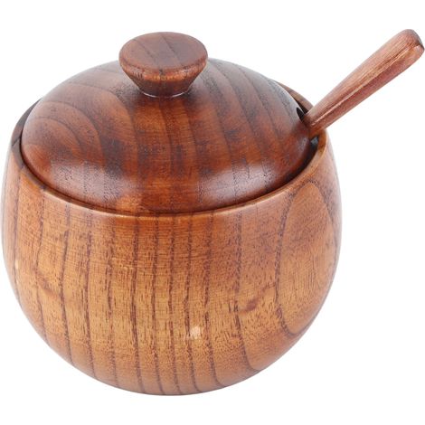 Pot à épices en bois massif (1 pièce), avec cuillère et couvercle, pour la cuisine. (1/5)