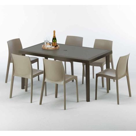 Tavolo Rettangolare Marrone 150x90 cm con 6 Sedie Colorate Focus