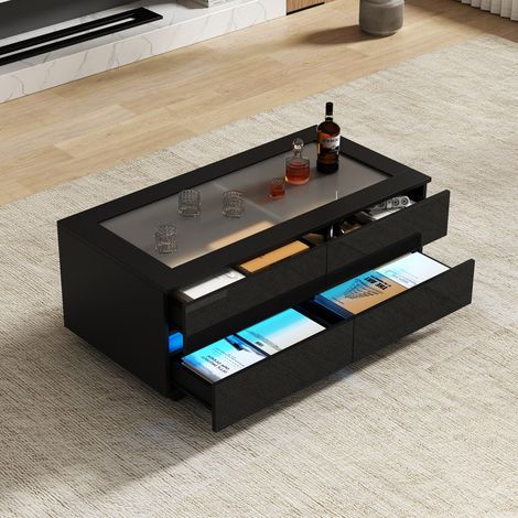 Table Basse - 100x50x40cm - Éclairage LED APP Plateau Verre Trempé 4 Tiroirs Façades Effet Brillant Salon - Noir (1/5)