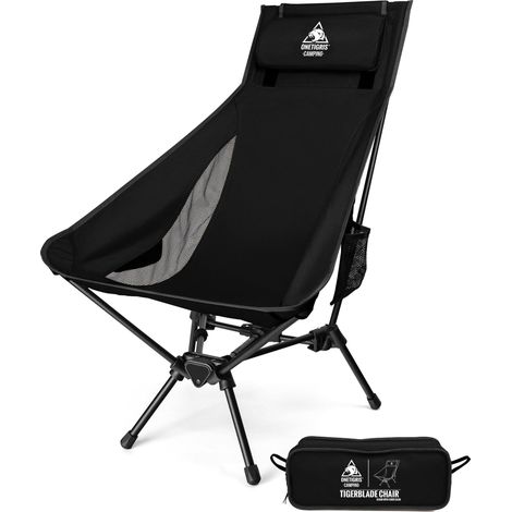 Chaise de camping à dossier haut, pliable, 150 kg, cadre triangulaire, avec 2 poches latérales, chaise pliante ultra légère pour extérieur, randonnée (noir) (1/5)