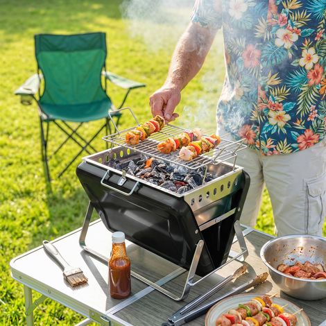 Fumoir barbecue charbon acier inoxydable poignée grille pliante camping 40x28x25,5cm, noir