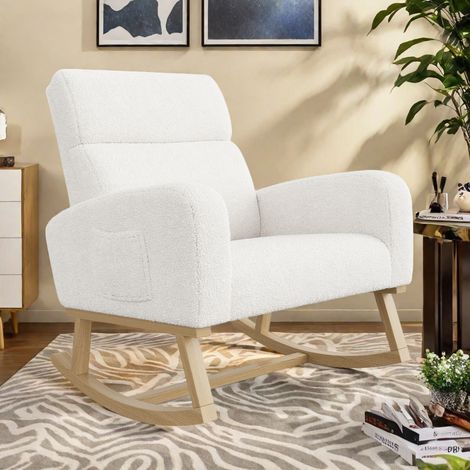 Fauteuil à bascule, fauteuil de détente, fauteuil ergonomique, tissu velours, pieds bois et métal, idéal pour le salon et la chambre, blanc (livraison depuis la France). (1/5)