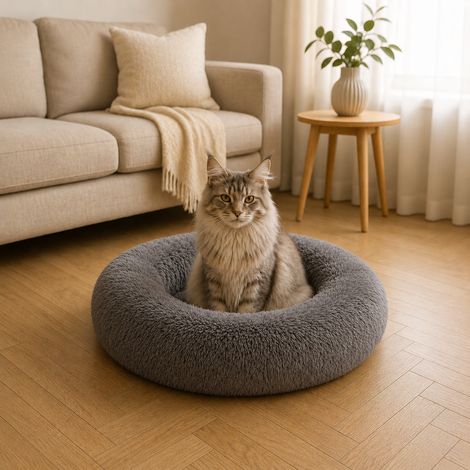 belviona Donut Katzenbett, weiches Katzenkörbchen mit flauschigem Plüsch, rutschfest & gemütlich, 70 cm Durchmesser, dunkelgrau (1/4)