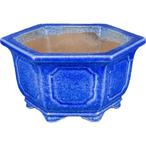 Vaso per bonsai esagonale in gres smaltato blu 12x12x7 cm - YP135