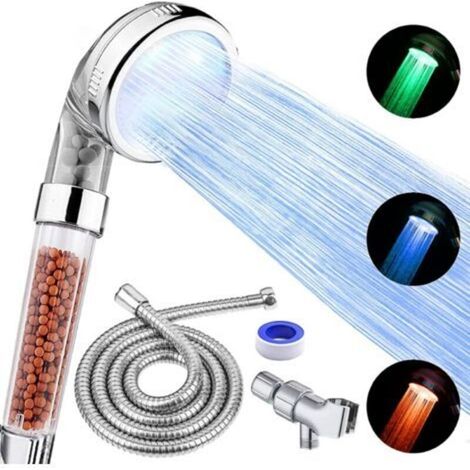 Pommeau de douche LED avec pommeau de douche à main haute pression avec tuyau et support, 3 filtres à économie d'eau à température contrôlée pour cheveux secs et peau (1/5)