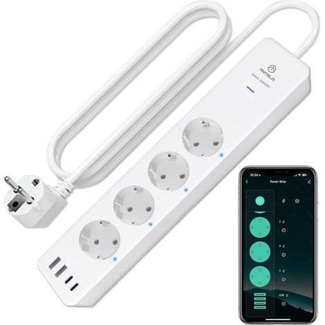 Multiprise Connectée WiFi 16A 4 Prises 2 USB A/2 Type-C Prise Intelligente Mesure de Consommation Électrique, Compatible avec Google Home, Smart Life APP, Fonction de Temps (1/5)