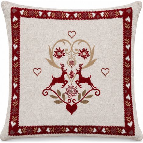Federa Cuscino Arredo Tirolese 40x40 Cervi e Cuori Ecrù Bordeaux Made in Italy (1/5)