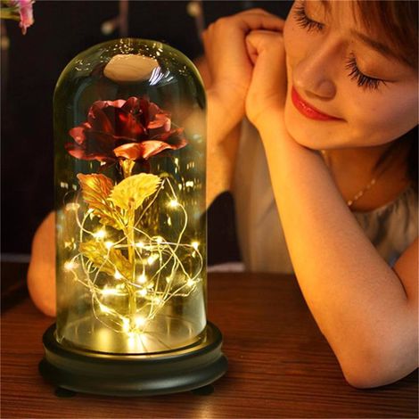 LED-Lichterkette in Rosenform, 24 Karat vergoldet, mit Glasabdeckung, Sockel, Valentinstags- und Hochzeitsgeschenk, Rot (1/5)