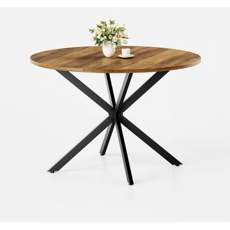 Table ronde de salle à manger 120 cm style campagne, plateau effet bois brun, piètement X noir, 4 à 6 places, idéale cuisine, salon ou bureau - CHICFURN (1/5)