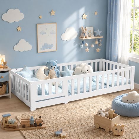 Lit enfant 120 x 200 cm - Sommier et barrières de sécurité - En pin massif - Conception basse - Anti-chute - Peintures de sécurité - Blanc