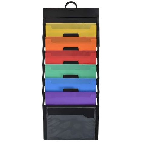 Organiseur mural suspendu pour dossiers, présentoir mural pour magazines A4, en plastique pliable, avec 6 poches, pour albums et documents. (1/4)