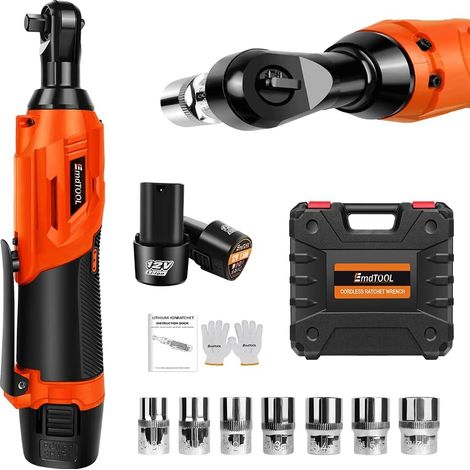 Kit de clé à cliquet électrique sans fil avec 2 batteries de 1500 mAh et chargeur, 3/8" 12 V Power Tournevis à cliquet électrique avec 7 prises, 2300 tr/min Vitesse variable