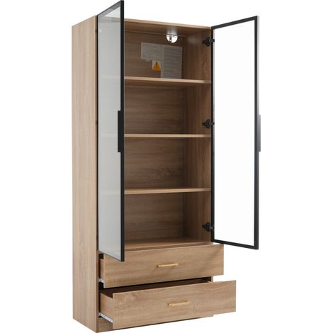 Mobile bagno alto 75 cm in MDF marrone con 2 cassetti e 2 ante in vetro temperato (1/5)