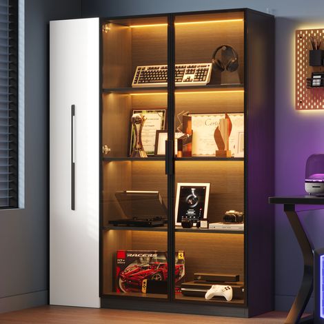 Tkopy - Vitrine en verre, Vitrine avec éclairage LED, Vitrine salon,tiroirs latéraux, armoire haute de style contemporain, buffet de salle à manger, 110,5×35×160 cm, design en noir et blanc (1/5)