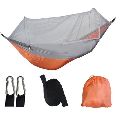 Ouverture rapide orange et grise 250&120 cm Hamac en nylon anti-basculement, hamac simple ou double d'extérieur, hamac parachute léger pour le camping, hamac en nylon avec moustiquaire (1/5)