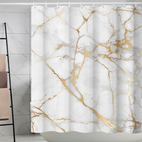 Rideau de douche en marbre blanc et doré, 180 x 180 cm (l x H), motif craquelé, texture luxueuse, motif liquide, géométrique (sans tringle)