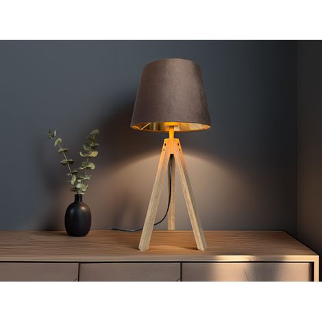 Große Tischlampe mit Dreibein aus Holz, Samtschirm Braun Gold, Höhe 55cm (1/5)