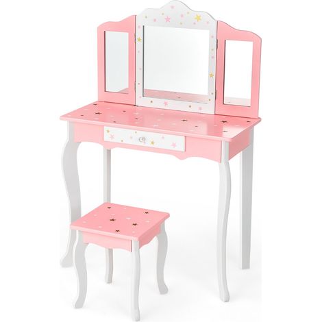 Tocador y taburete infantil 70 x 34 x 104,5 cm práctico y decorativo estilo moderno MDF rosa y blanco 200018655
