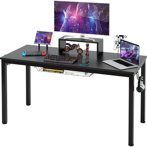 COSTWAY Scrivania da Gaming da 140 cm, Scrivania Ergonomica con Portabicchieri, Mensola per Monitor, Gancio per Cuffie, Cestino Portaoggetti, Scaffale per Supporti Multimediali e Piedini Regolabili (1/5)