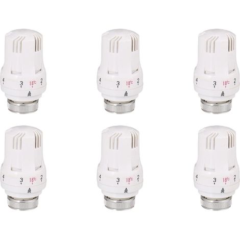 Lot de 6 têtes de valve thermostatique M30 x 1,5 - Fonction antigel auto-réglable - Contrôle de la température 6-28 °C - Pour radiateurs compacts - Blanc