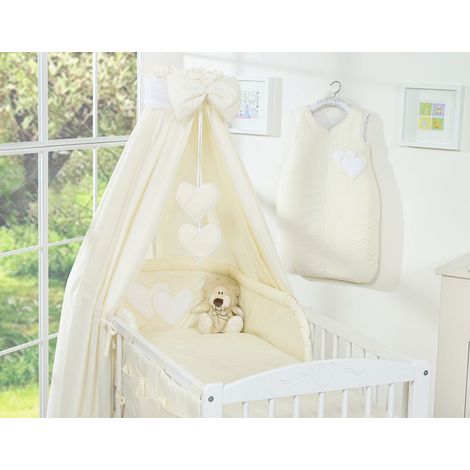 Parure de lit 5 pièces 120x90 avec ciel de lit - Motif Cœurs Suspendus crème (1/5)