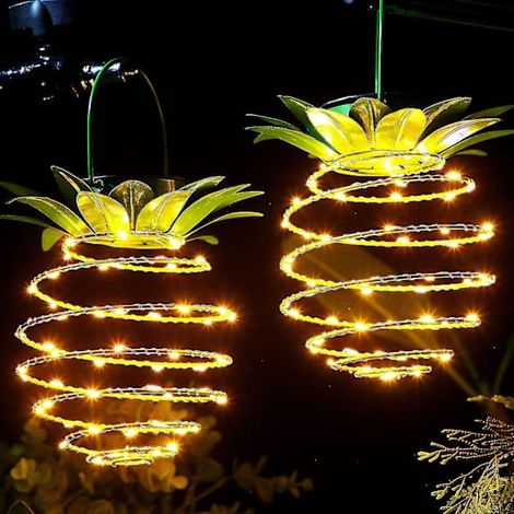 Lot de 2 lampes solaires métalliques HKK, motif ananas, 60 LED, étanches, pour usage extérieur. (1/5)