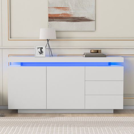 Buffet 140x35x72 cm, avec éclairage LED, 2 portes, 3 tiroirs, finition brillante, sans poignées, convient pour salon et chambre - Blanc (1/5)