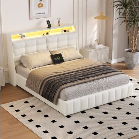 Letto imbottito in PU bianco 160x200 cm con LED, USB integrata e vano contenitore (1/5)